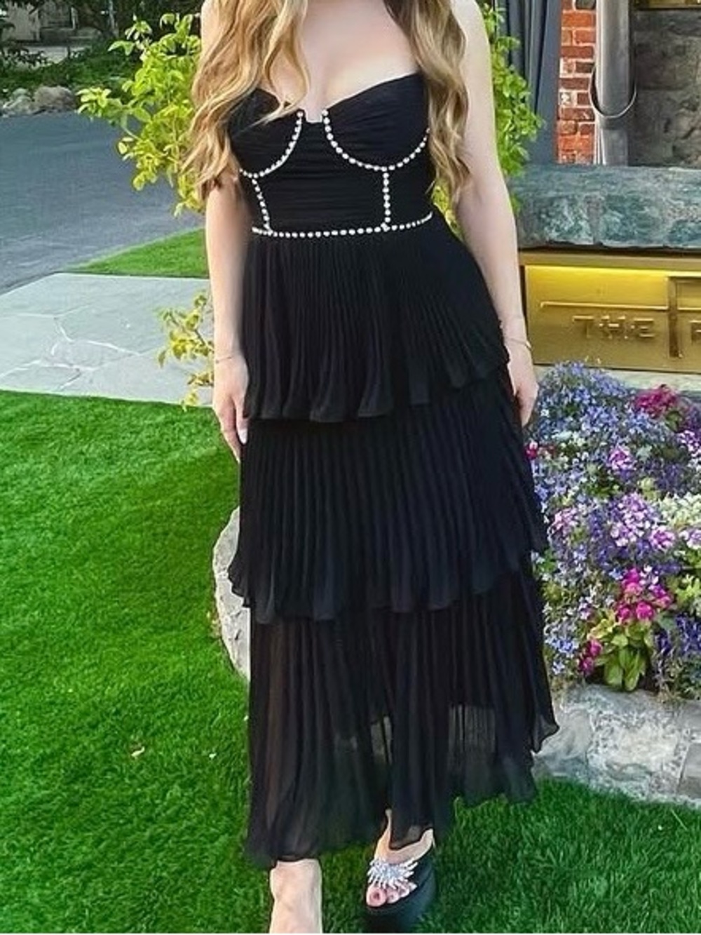 Self-Portrait Black Tiered Pleated Midi Dress with Crystal-Trim Straps - Picture 3 of 7